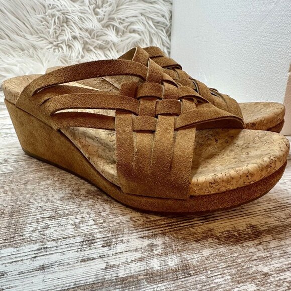 UGG Sandals Size 6.5  Nubuck Tan Lilah Strappy Suede Cork Wedge Hot! - Picture 2 of 12